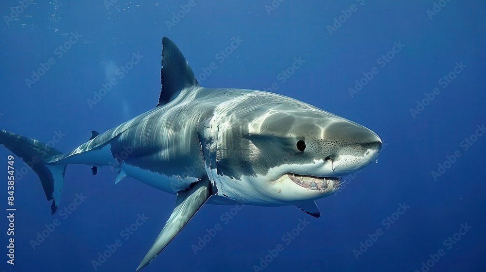 menacing great white shark swimming in deep blue ocean waters underwater photograph menacing great white shark swimming in deep blue ocean waters underwater photograph