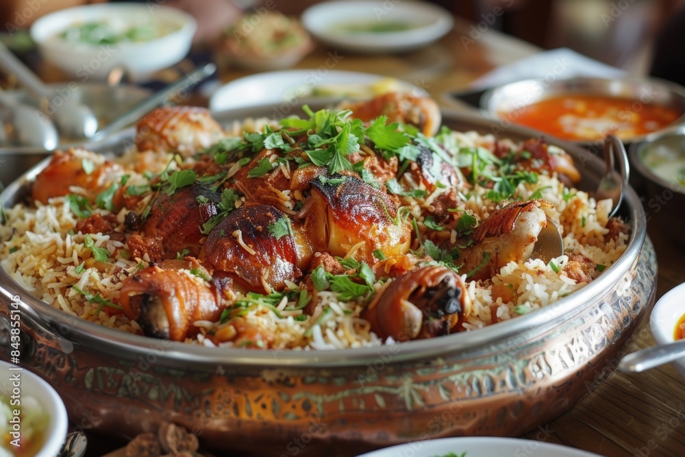 Large bowl of rice with chicken and other dishes, arabic traditional meal