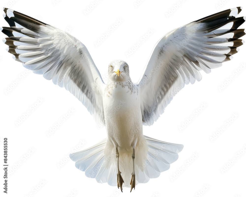 Obraz premium A white seagull with black wingtips, in flight with wings spread wide, isolated on a black background.