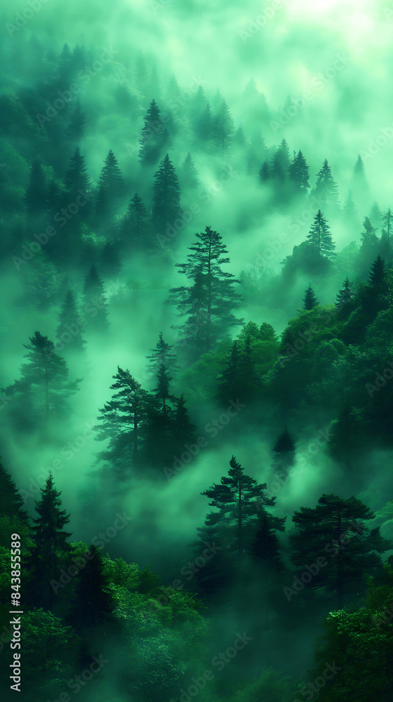 Misty landscape with fir forest in vintage style. There are mountain peaks in the distance