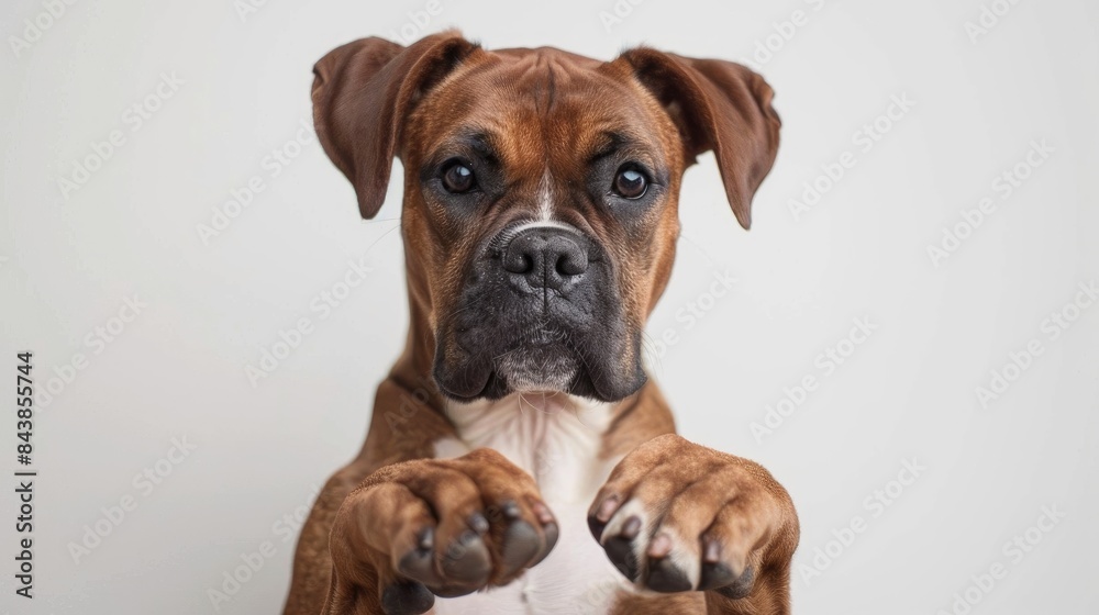 Adorable boxer posing in front of the camera against a white backdrop