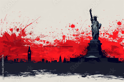 The Statue of Liberty against twhite and red colors backdrop for Independence Day. photo