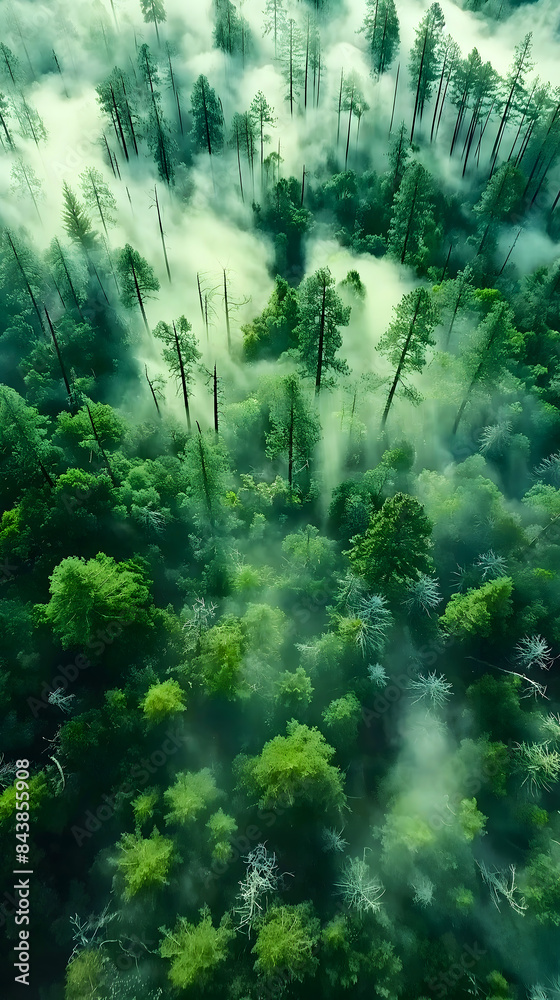 Obraz premium Misty landscape with fir forest in vintage style. There are mountain peaks in the distance