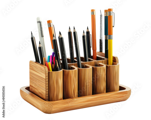 A wooden desk organizer with multiple compartments filled with pens, pencils, and markers. photo