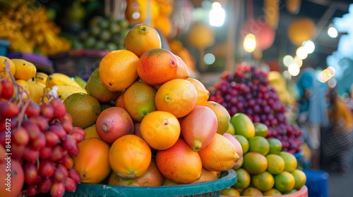 Close-up of various exotic fruits displayed at a vibrant street market