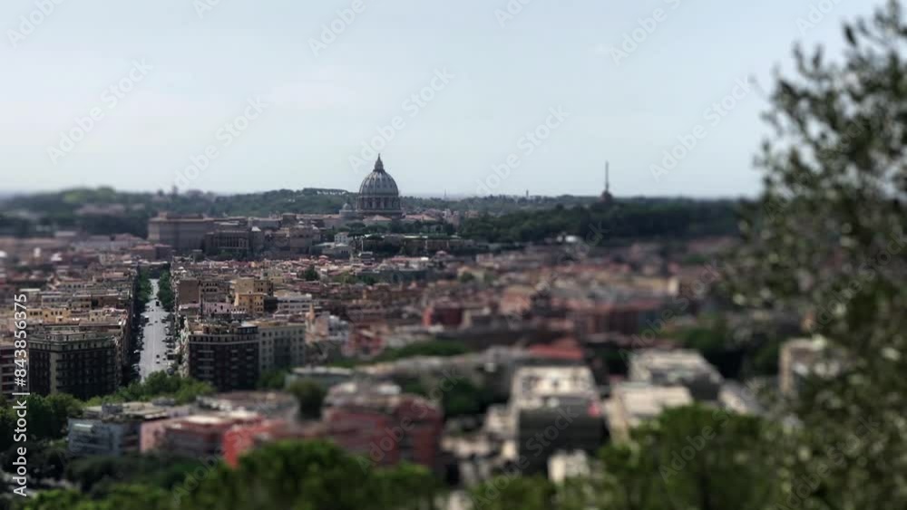 Panoramic view of Rome, seen from the Zodiaco Terrace. Miniature effect, panorama. Panoramic view of Rome, seen from the Zodiaco Terrace. Miniature effect, panorama.