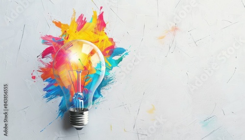 Lightbulb with colorful paint splatters, creative concept for art and design inspiration photo