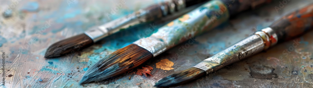 Fototapeta premium Watercolor Brush Strokes, Paper Artists Tools, Paint Palette, Creative Art Supplies