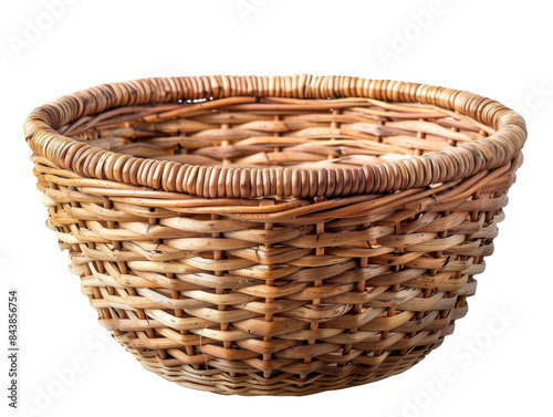 A woven wicker basket with a rounded bottom and a wide rim, isolated on a white background.