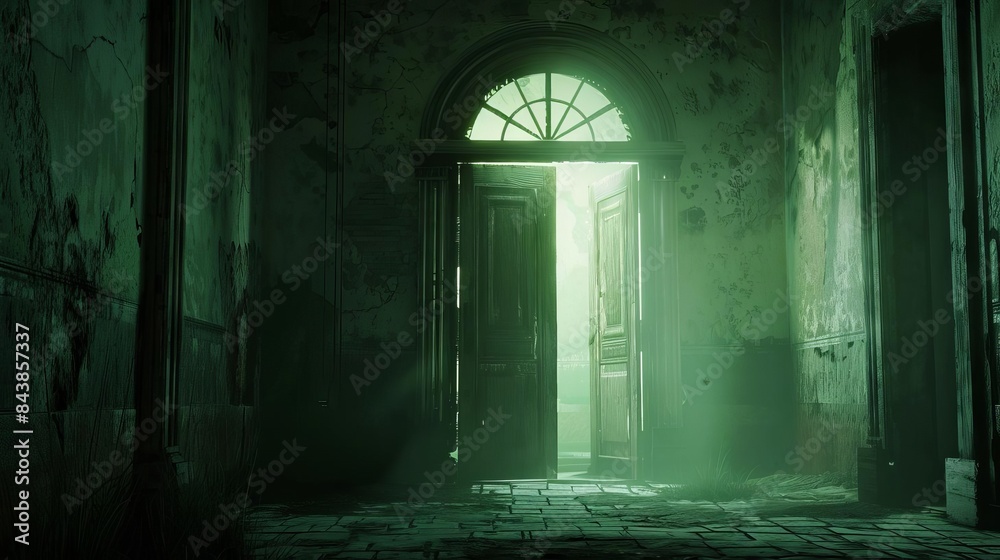 mysterious illuminated doorway in abandoned building eerie atmospheric aigenerated scene mysterious illuminated doorway in abandoned building eerie atmospheric aigenerated scene