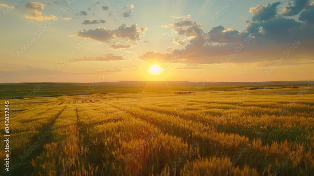 A golden wheat field illuminated by the setting sun with scattered clouds in the sky, creating a serene and picturesque landscape.