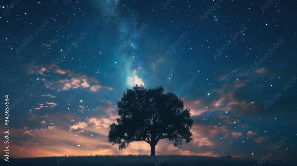 mysterious silhouette of a tree against a starry night sky surreal landscape concept mysterious silhouette of a tree against a starry night sky surreal landscape concept
