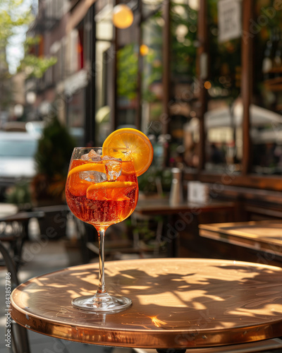 A Detailed Shot of an Aperol Spritz with Orange Slices and Ice Cubes, Served in a Wine Glass, Set Against an Outdoor Café Background
