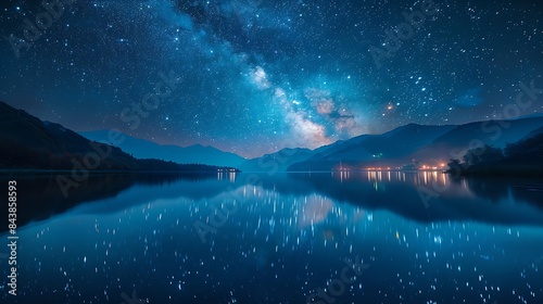 Stars reflecting in a calm lake photo