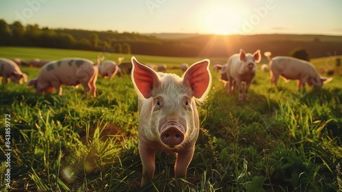 organic freerange pigs roaming lush green farm meadow at sunset embodying ethical and sustainable meat production practices concept photo photo
