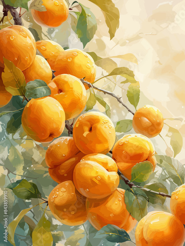 a painting of a bunch of oranges hanging from a tree