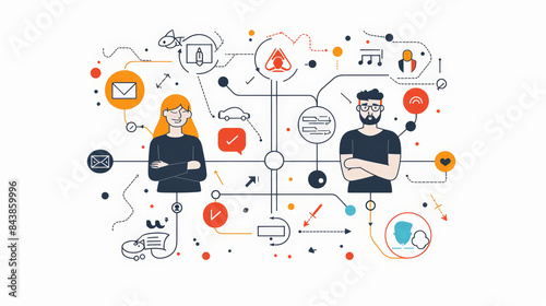 Illustration of two people connected by network of icons and lines, representing collaboration, communication, technology, and various digital interactions in a modern society.