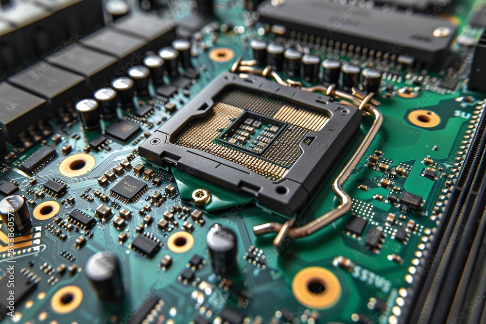 Obraz premium High-Performance GPU Chip on Motherboard: Advanced Gaming & Computing Technology