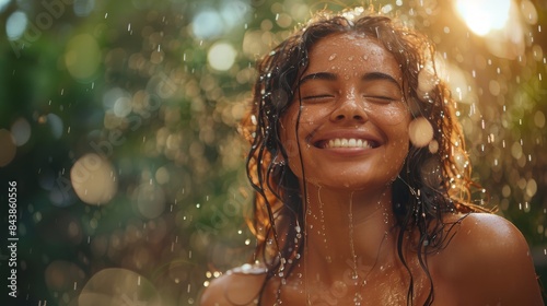 A woman with closed eyes reveling in a refreshing rain shower surrounded by lush vegetation photo