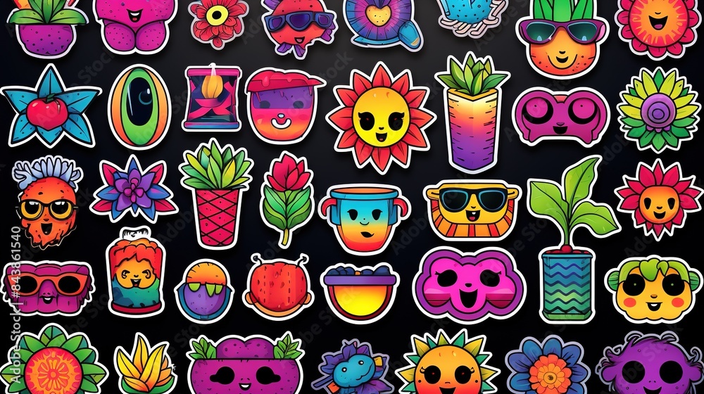 Cartoon doodle groovy stickers set Cartoon doodle groovy stickers set