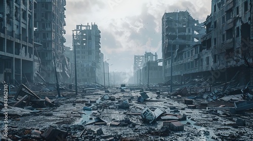 Fototapeta Naklejka Na Ścianę i Meble -  postapocalyptic ruins abandoned city streets in the aftermath of disaster 3d rendering
