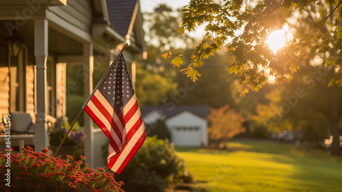 An American flag proudly displayed on a suburban front porch, bathed in warm morning light.