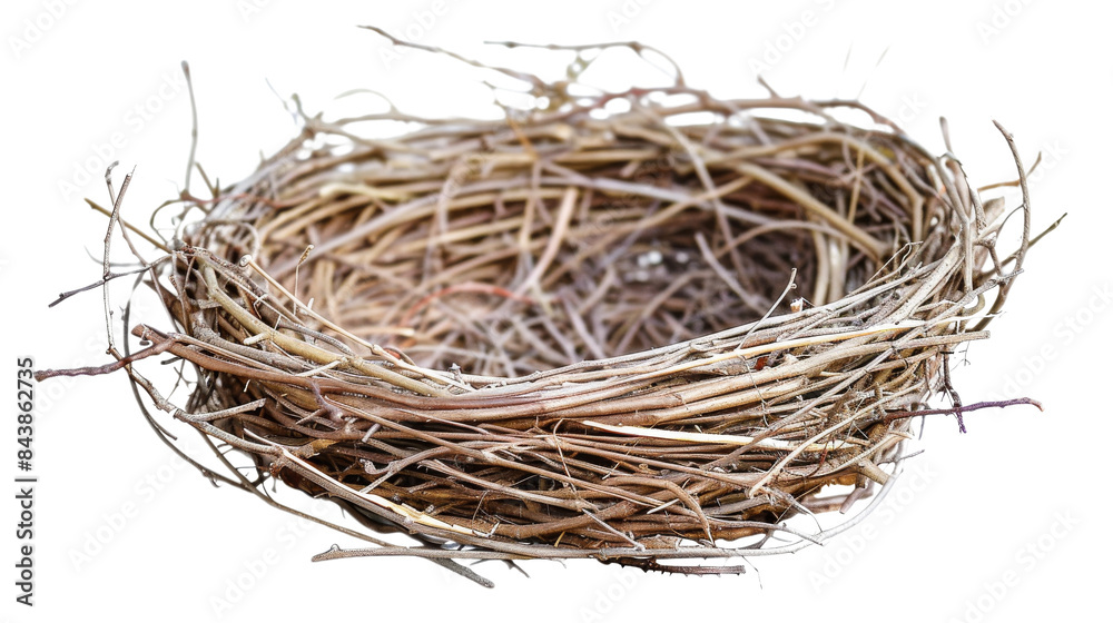 Obraz premium Empty bird nest made of twigs and branches, isolated on black background.