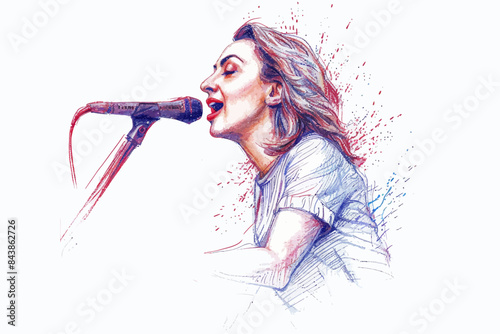 a drawing of a woman singing into a microphone
