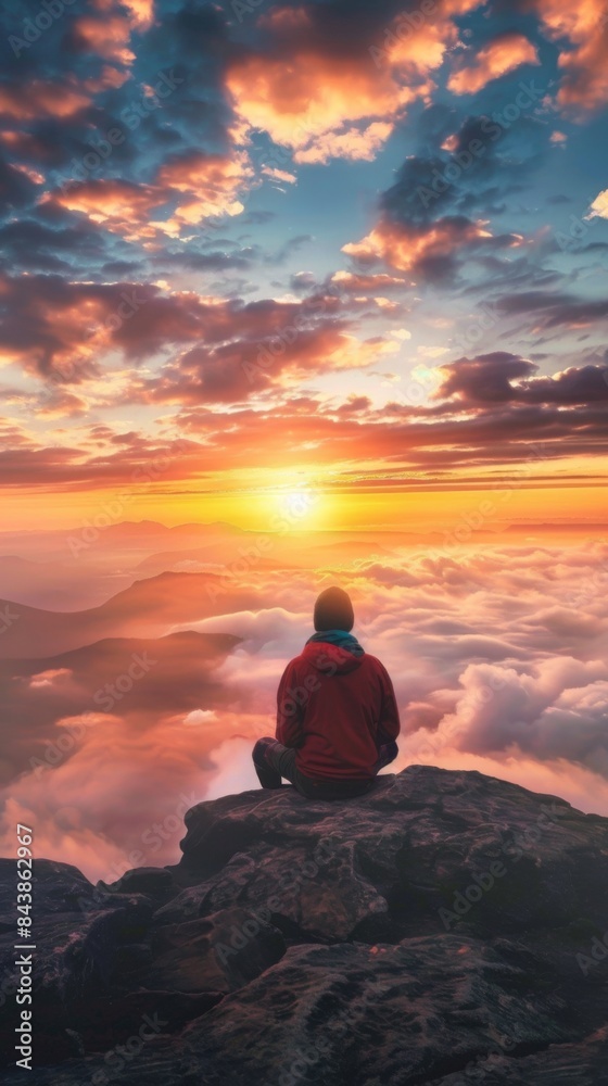 Man sitting on a rock looking at the sunset Man sitting on a rock looking at the sunset