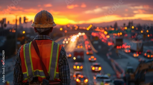 A construction worker observes the city's evening hustle with a sense of pride and duty © familymedia