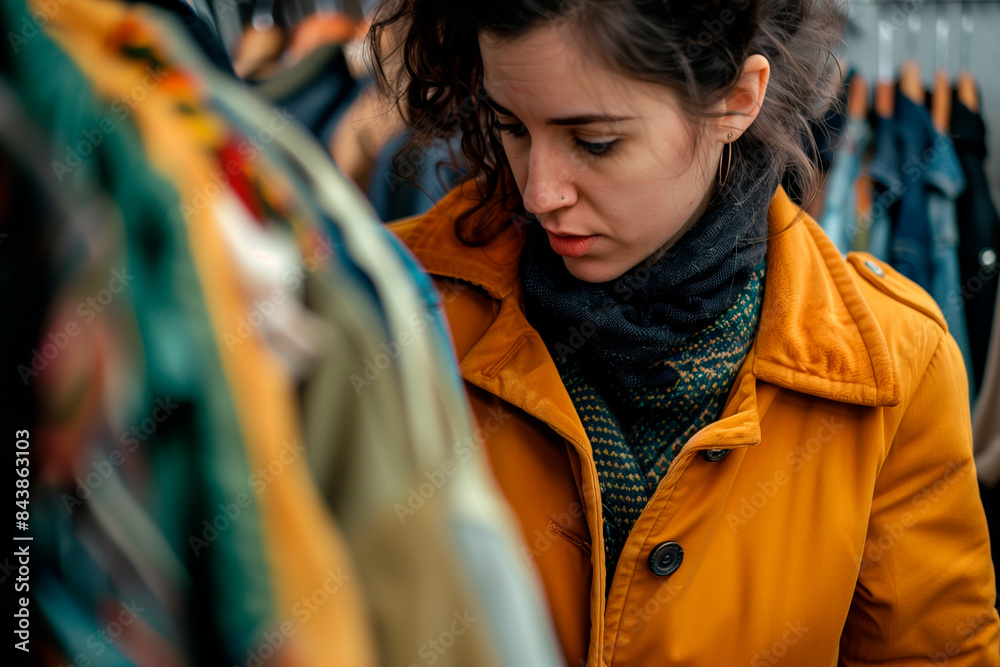Young woman in orange coat searching through racks for warm clothes in autumn season.