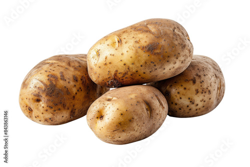 Four whole russet potatoes with brown skin isolated on a white background. photo