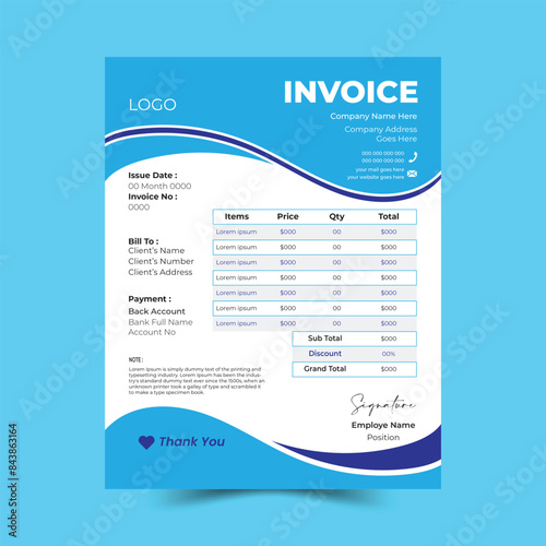 Modern and simple invoice layout. Invoicing quotes, money bills or price invoices and payment agreement design templates. Tax form, bill graphic or payment receipt page vector set