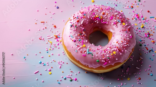 Mouthwatering donut with pink glaze and an assortment of colorful sprinkles on a pink wooden background