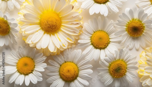 Floral background - pattern of white and yellow chamomile flowers  top view