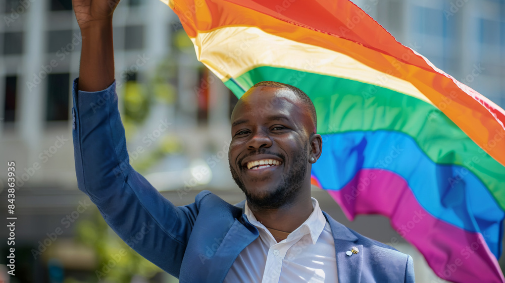 Fototapeta premium Happy african american black businessman waving a rainbow flag during pride month