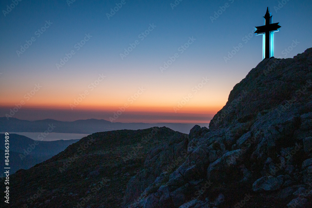 Fototapeta premium peak mountains destination point and pilgrimage sign symbol