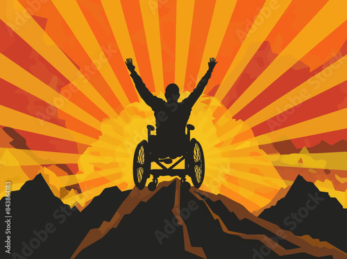 a man in a wheel chair on top of a mountain