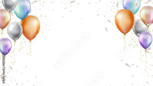 realistic glossy helium balloons and confetti. Celebration banner or background with birthday party background frame