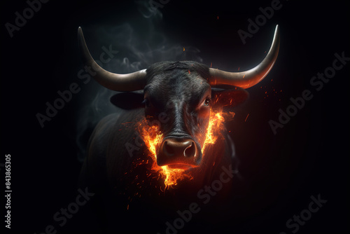 Fierce bull with flames snorting out, silhouetted against a black background. Wildlife Animals.
