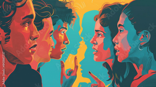 The conflict resolution process : Four people face each other in a stylized, colorful illustration, engaging in a heated conversation with shadows reflected behind them.
