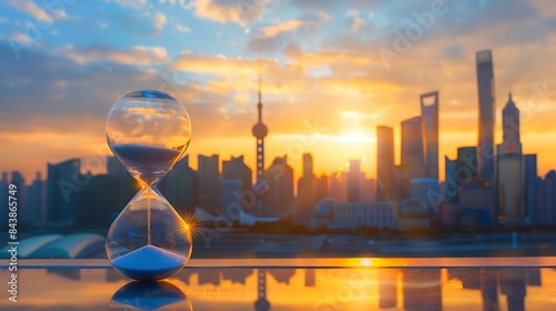 Hourglass with cityscape on panoramic skyline and buildings in the morning background with sun light
