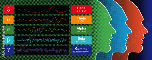 Vector Illustration Featuring Color Frequencies of Brain States, the Influence of Human Brainwave Frequencies on Mood, Behavior, and Health.