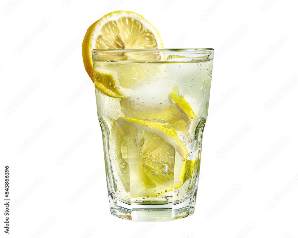 Refreshing glass of lemonade with ice and lemon slices. Refreshing glass of lemonade with ice and lemon slices.