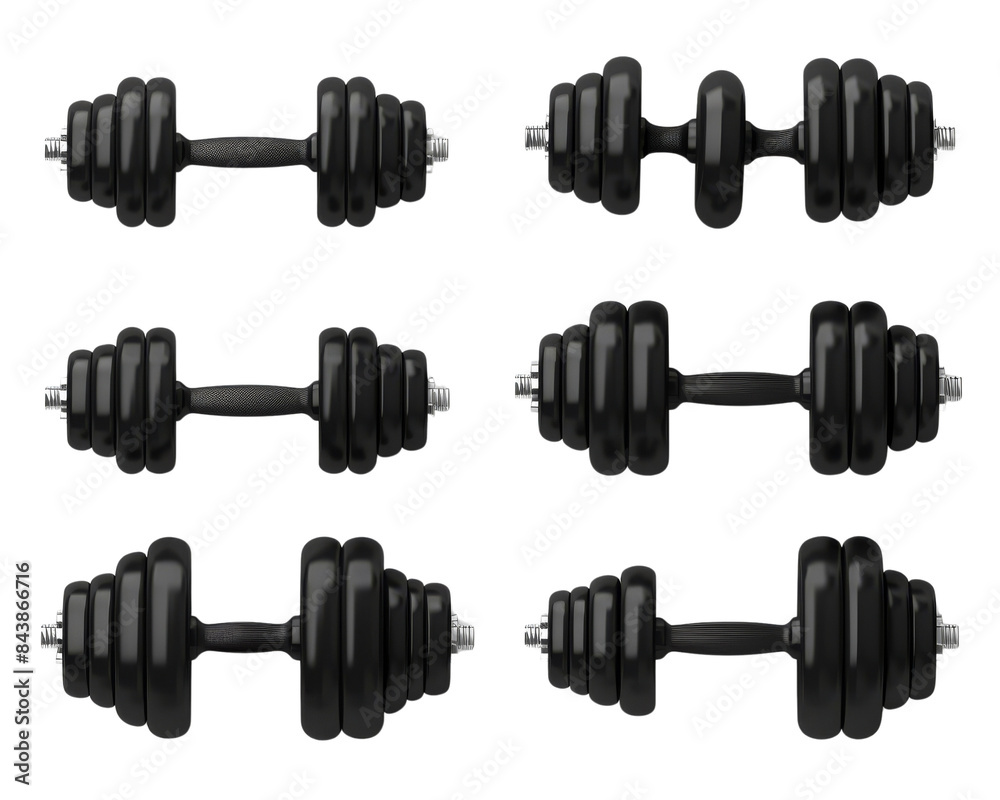 Set of six black dumbbells isolated on white background. Perfect for fitness, gym, and workout concepts. Set of six black dumbbells isolated on white background. Perfect for fitness, gym, and workout concepts.