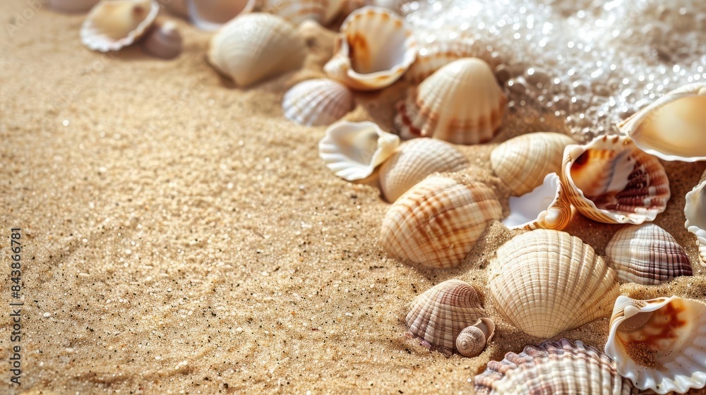 seashells on sandy beach background coastal decor copy space abstract photo seashells on sandy beach background coastal decor copy space abstract photo