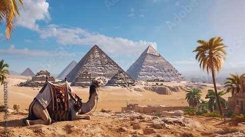 Panoramic view of a resting camel and the pyramids