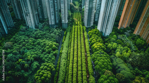 Aerial view of a city where rows of dense green trees stand between modern high-rise buildings, creating a striking contrast between nature and urban development. © Na-No Photos