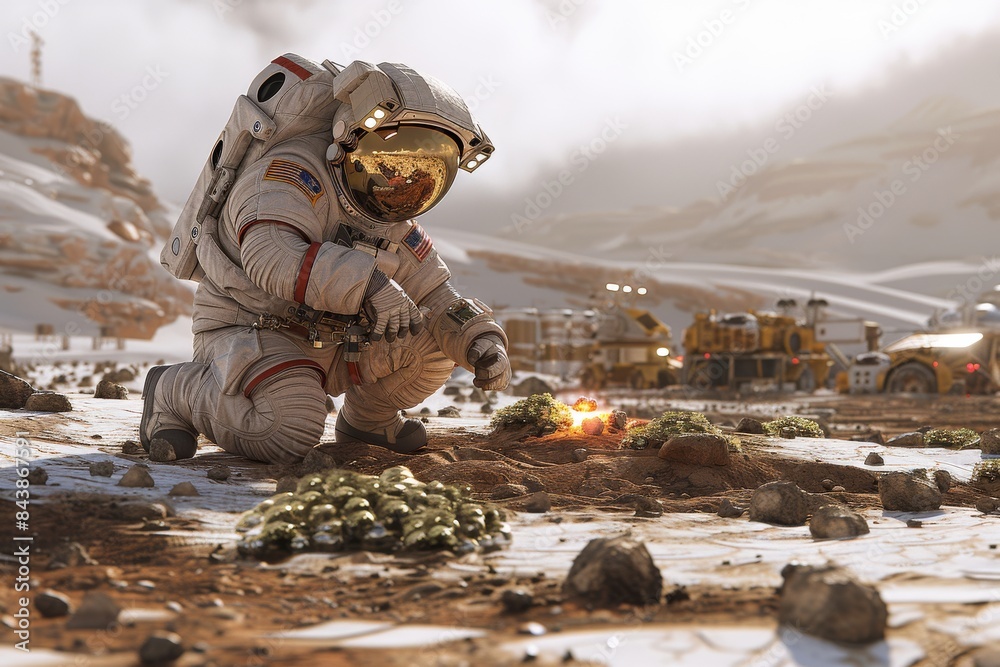 Naklejka premium Astronaut Kneeling on Martian Surface With Vehicles in Background