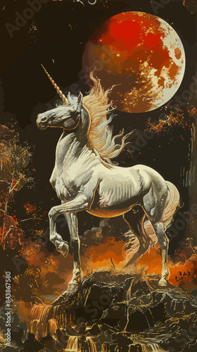 a painting of a unicorn with a full moon in the background